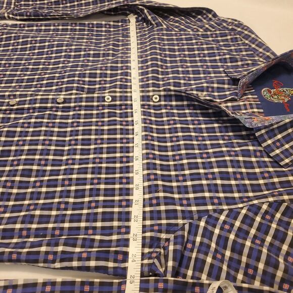Robert Graham Mens XL Blue Plaid Button Down Shirt Long Sleeve Roll Cuff - Picture 5 of 10